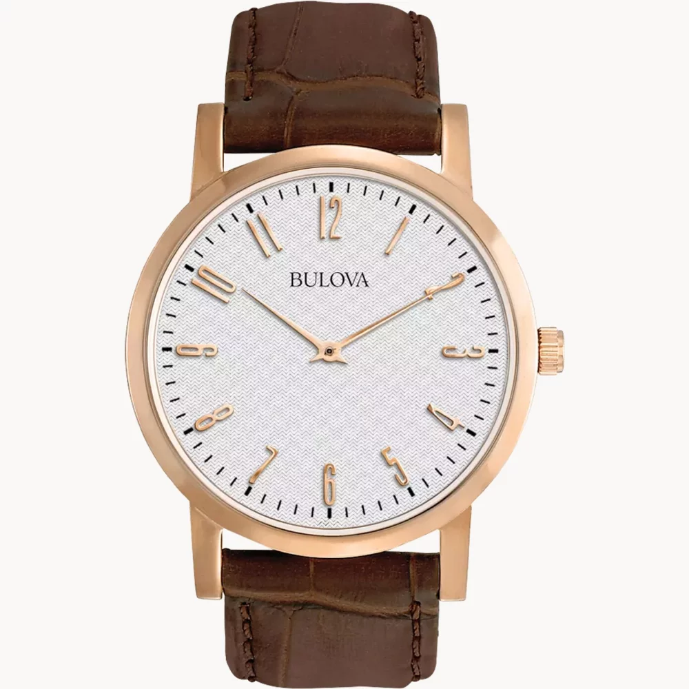 Montre Bulova® Classic Collection pour homme en or rose avec bracelet en cuir marron