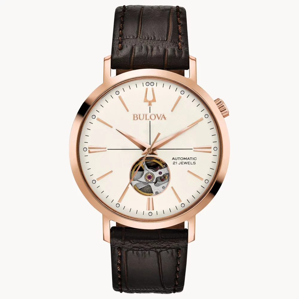 Montre automatique Bulova® Classic Collection pour hommes en or rose Aerojet avec cadran blanc rond