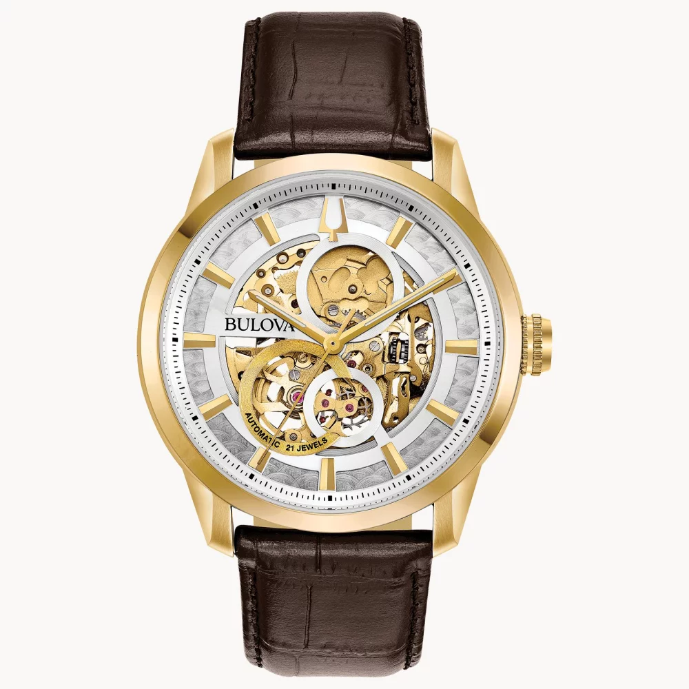 Montre automatique Bulova® Classic Collection pour homme, modèle Sutton en or avec bracelet en cuir marron.