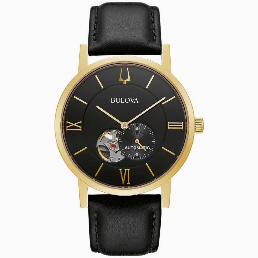 Montre automatique américaine Bulova® Classic Collection pour hommes en or avec bracelet en cuir