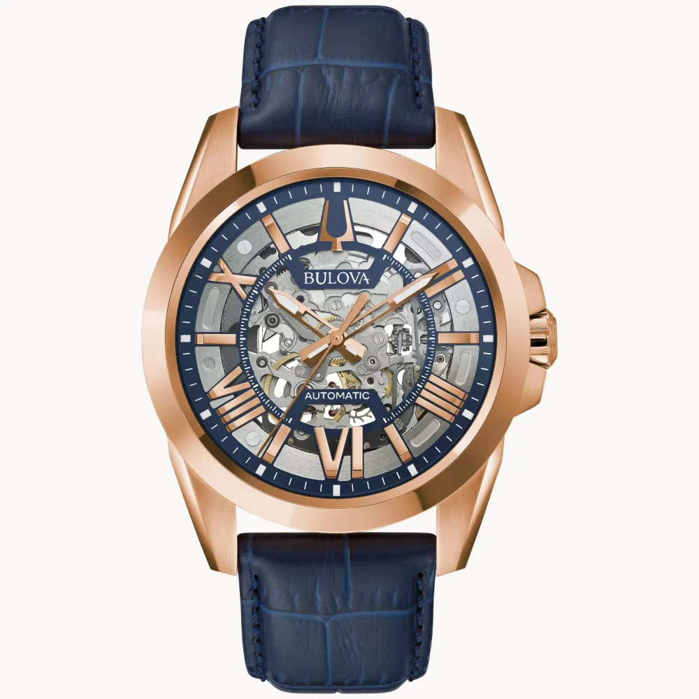 Montre automatique Bulova® Classic Collection pour hommes en or rose Sutton avec bracelet en cuir bleu.