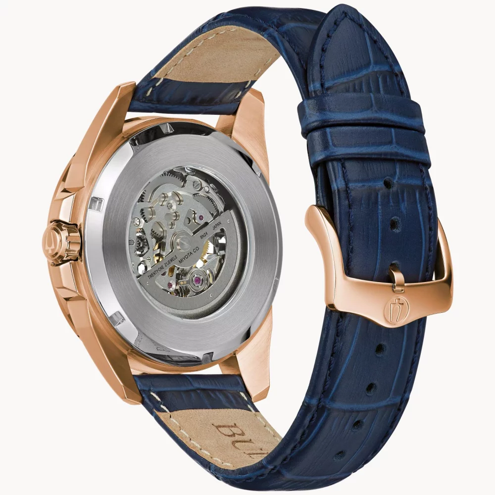 Montre automatique Bulova® Classic Collection pour hommes en or rose Sutton avec bracelet en cuir bleu.
