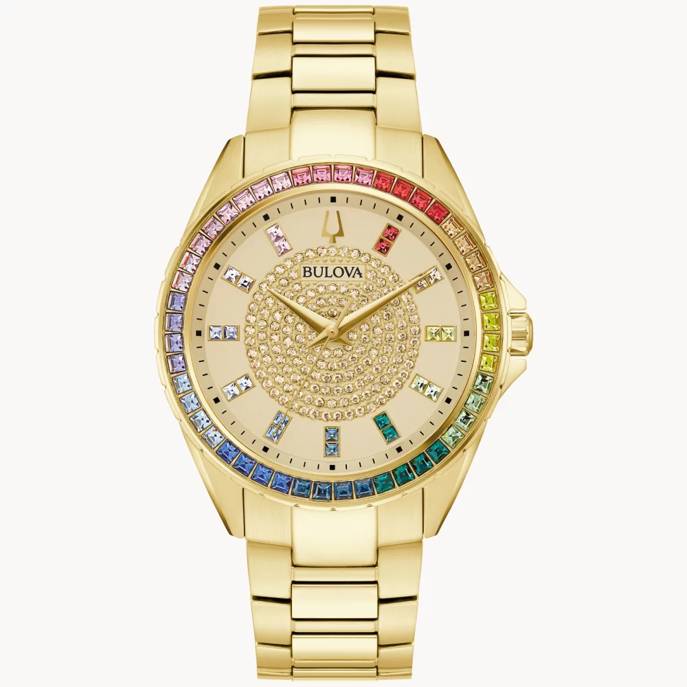 Montre Bulova® Crystal Collection pour hommes, modèle Gold Phantom avec cristaux arc-en-ciel.