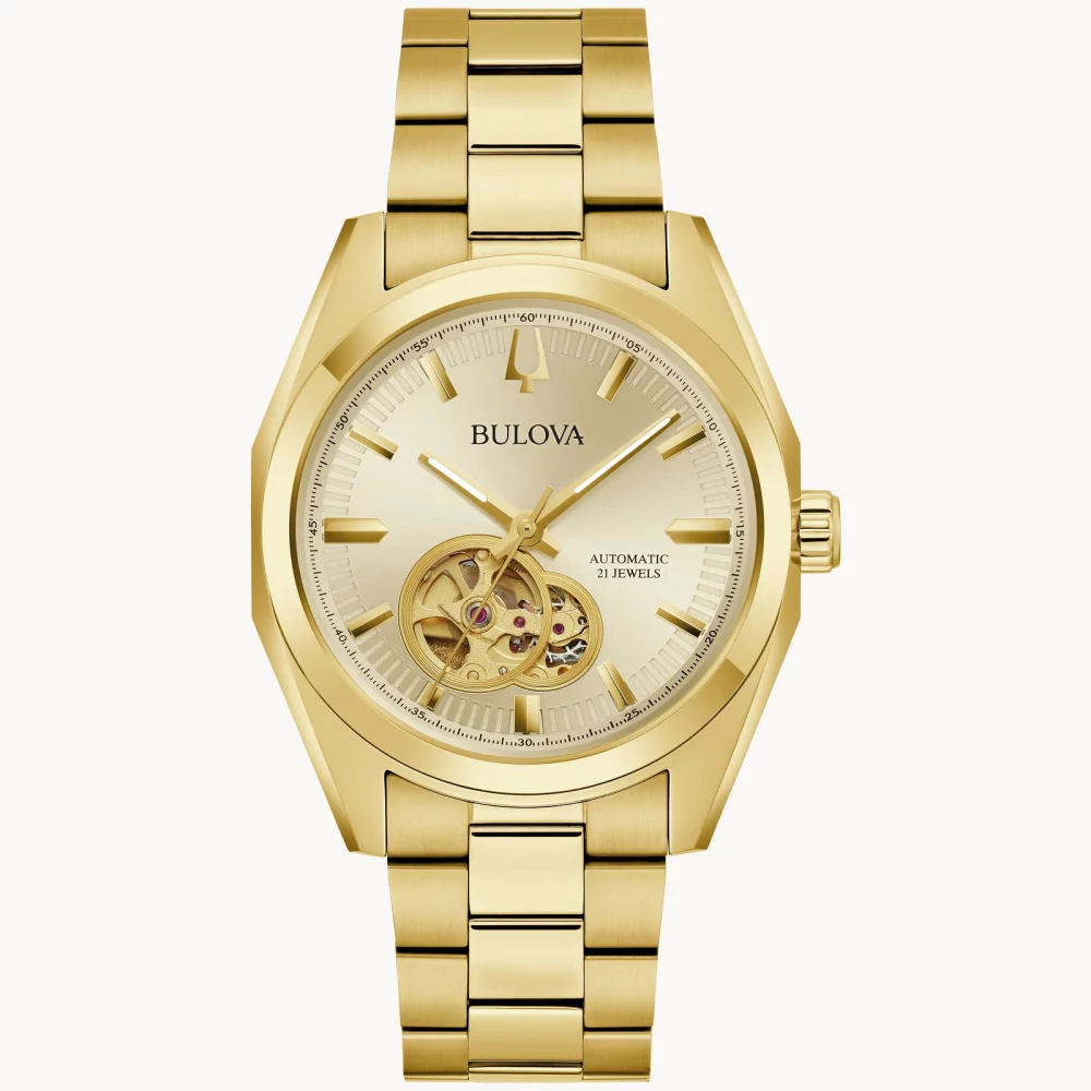Montre automatique Bulova® Classic Collection pour hommes avec cadran ouvert en or.