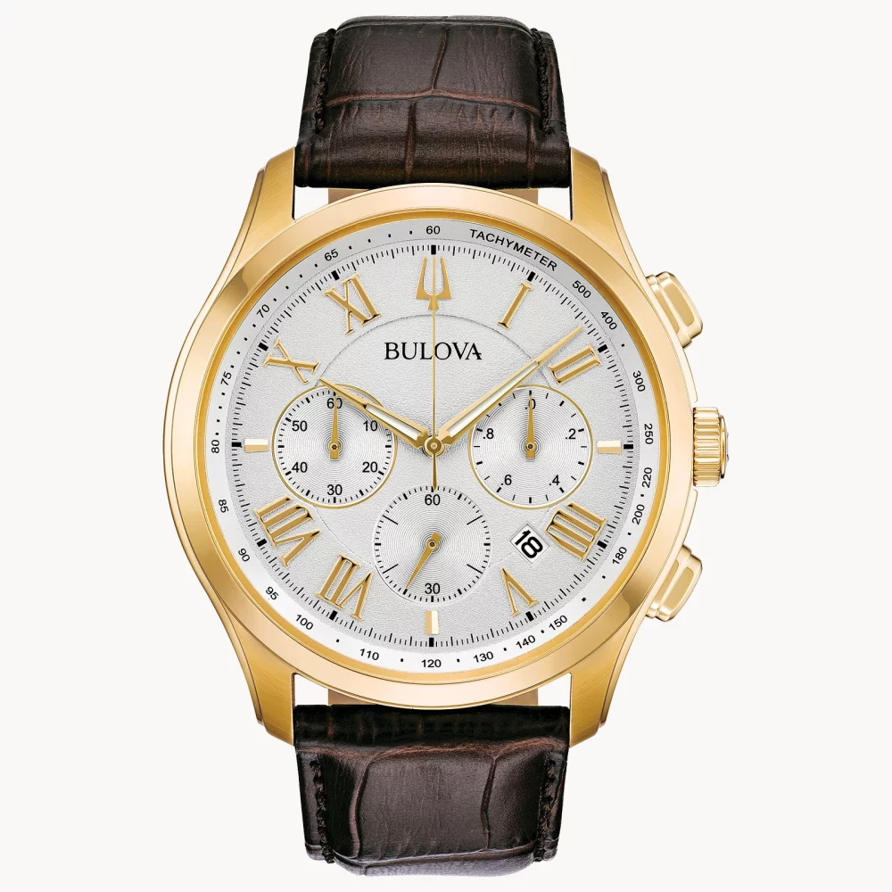 Bulova® Classic Collection Men's Gold Chronograph Wilton Watch w/Brown Crocodile Strap