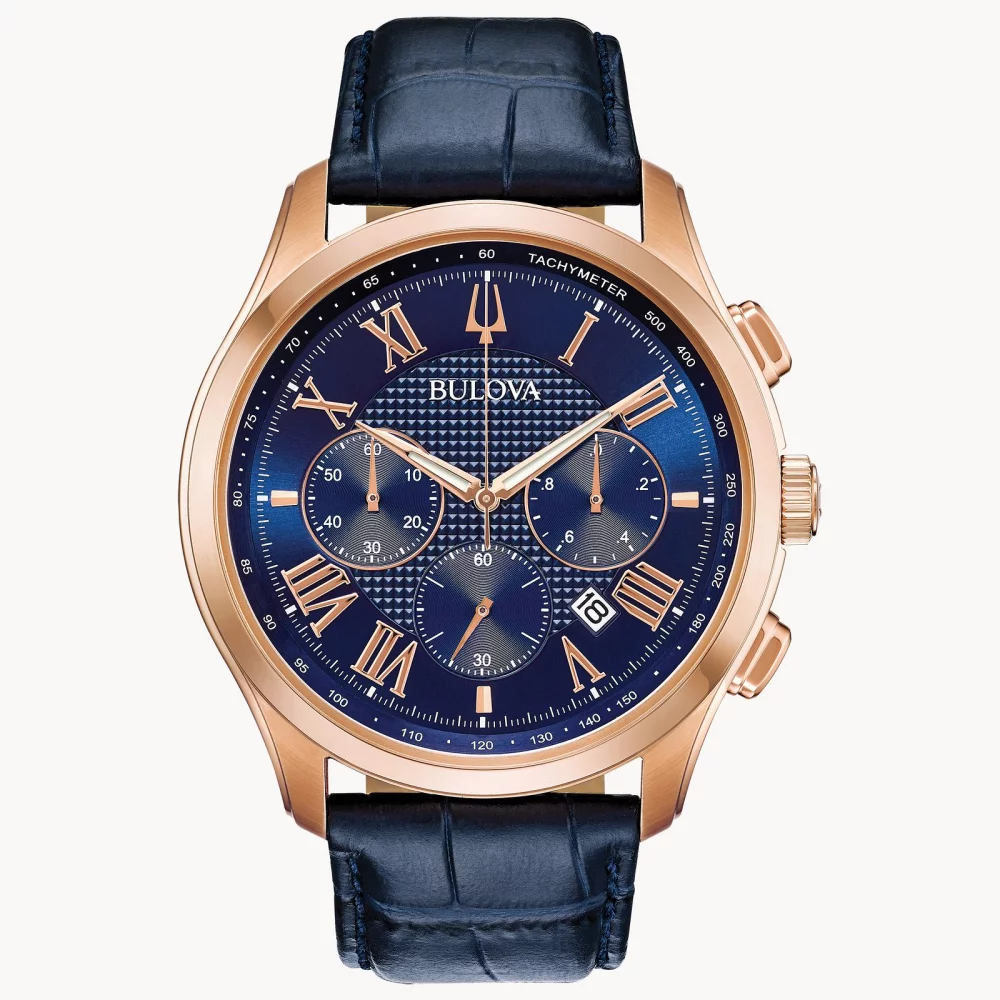Bulova® Classic Collection Men's Rose Gold Chronograph Wilton Watch w/Blue Crocodile Strap