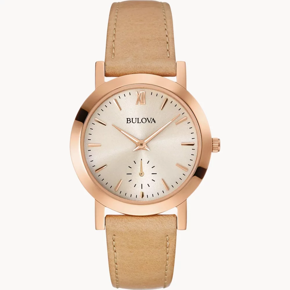 Montre classique pour femmes de la collection Bulova® en or rose avec bracelet en cuir brun sable.