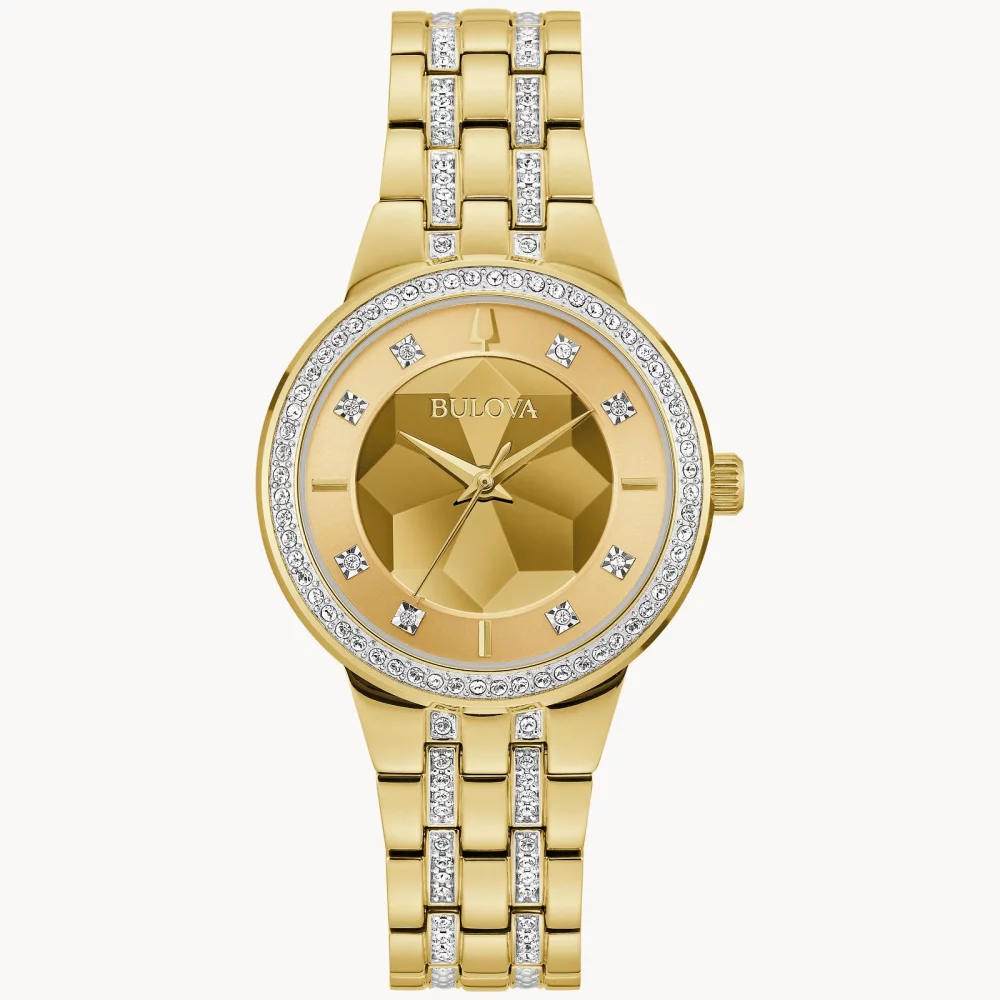 Montre Bulova® Crystal Collection pour femmes, modèle Gold Phantom avec cadran facetté champagne en or.