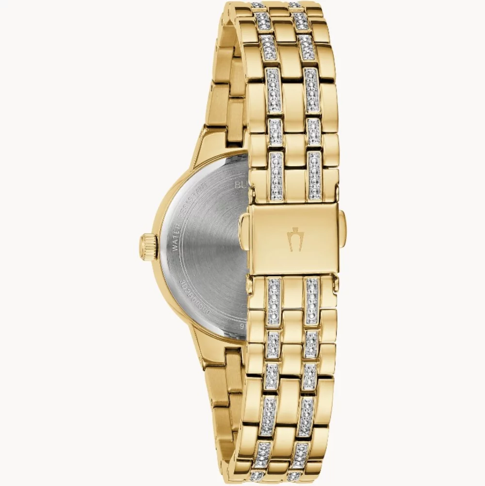Montre Bulova® Crystal Collection pour femmes, modèle Gold Phantom avec cadran facetté champagne en or.