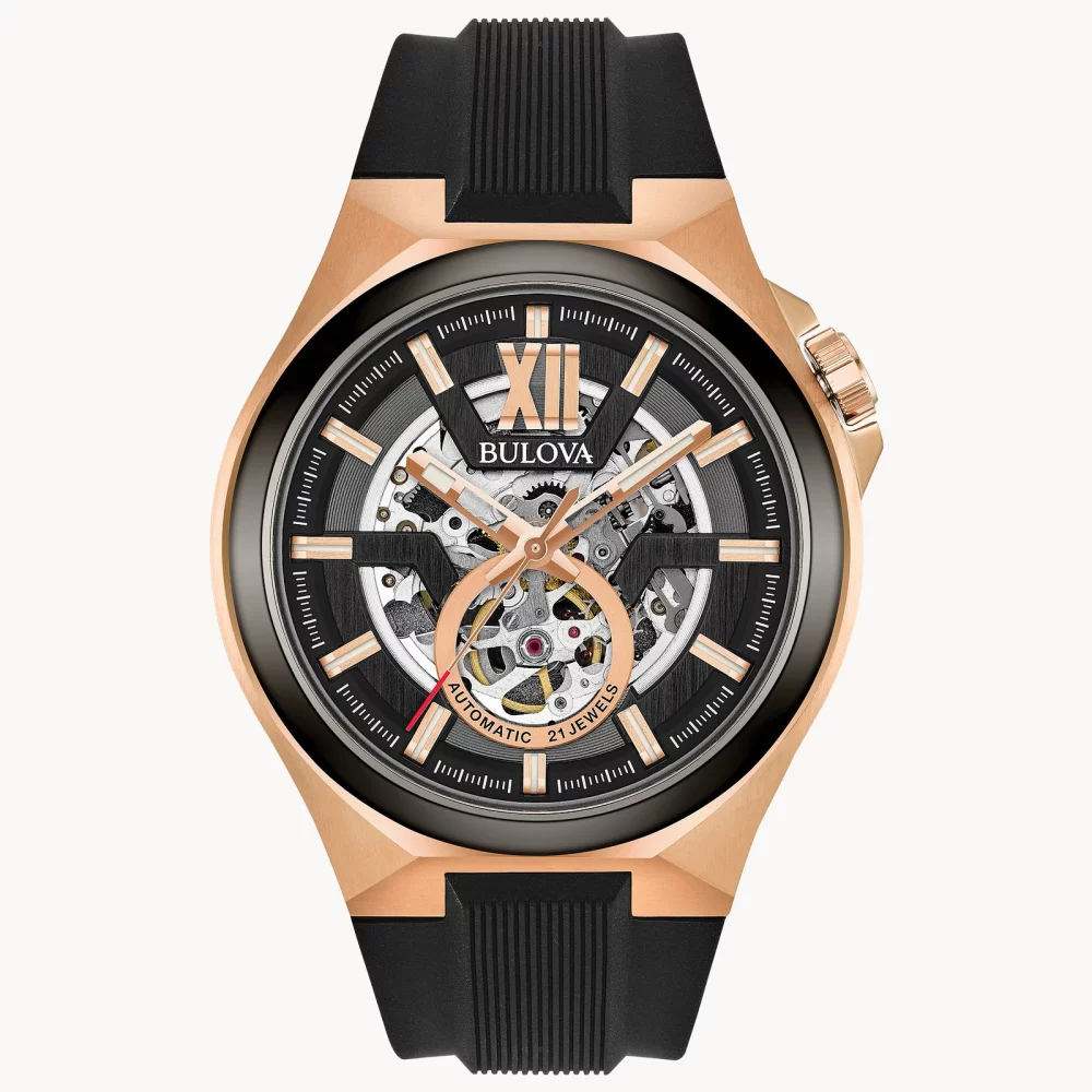 Montre automatique pour homme de la collection Bulova® Maquina en or rose avec bracelet en silicone.