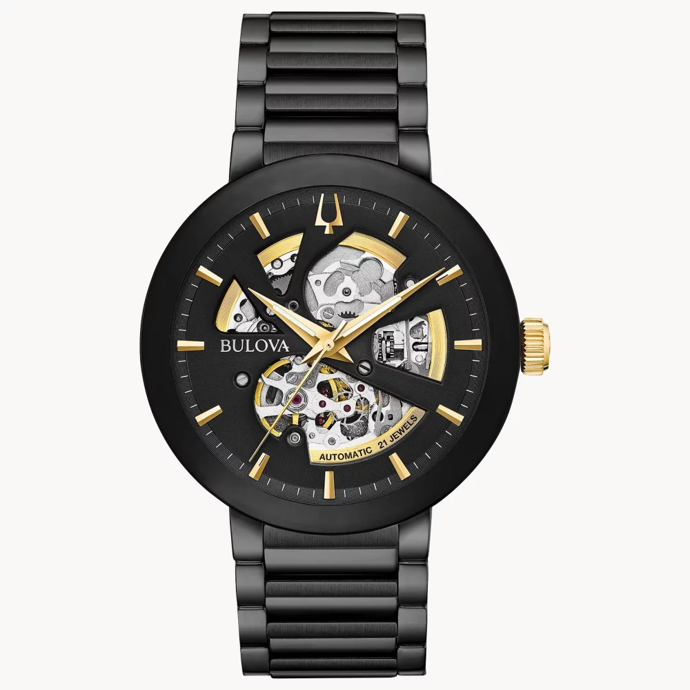 Montre automatique Bulova® Modern Collection pour homme en noir avec accents dorés.