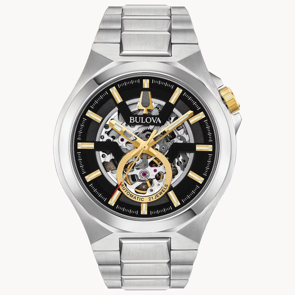 Montre automatique pour homme de la collection Bulova® Maquina en argent avec accents dorés.