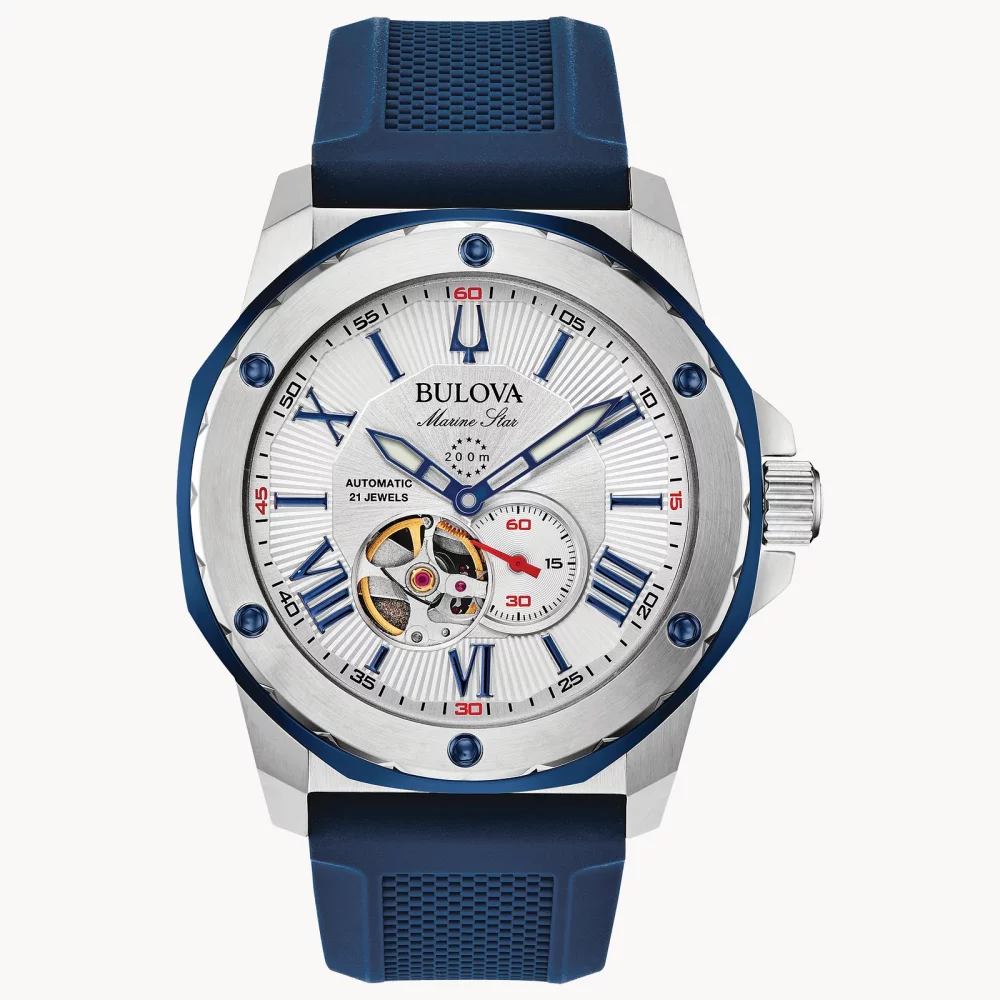 Montre automatique pour homme de la collection Bulova® Marine Star® avec bracelet en silicone bleu.