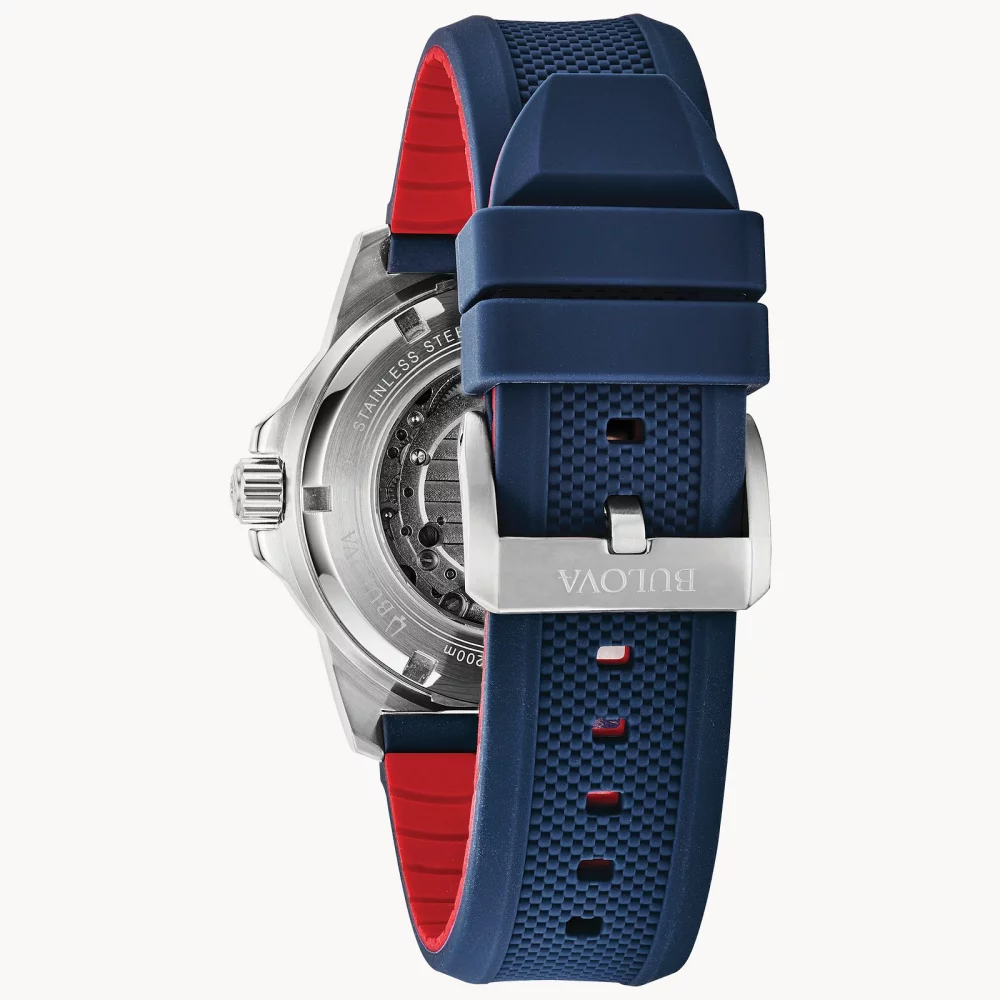 Bulova® Marine Star® Collection Men's Silver Automatic Watch w/Blue Silicone Strap