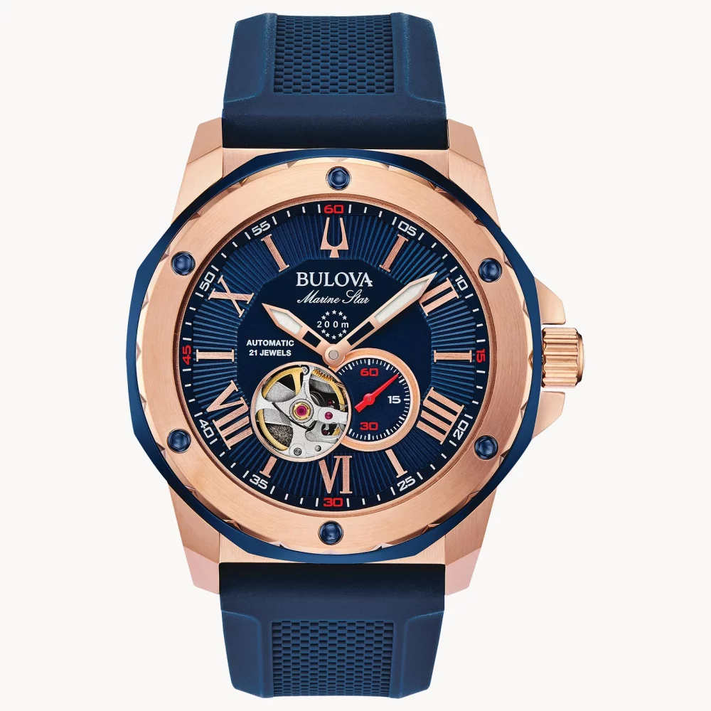 Bulova® Marine Star® Collection Men's Rose Gold Automatic Watch w/Blue Silicone Strap
