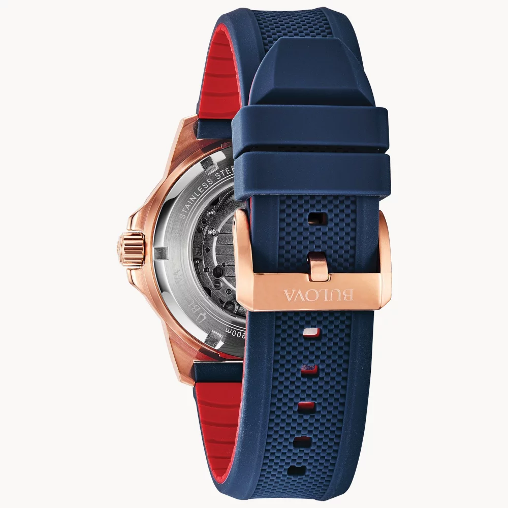 Bulova® Marine Star® Collection Men's Rose Gold Automatic Watch w/Blue Silicone Strap