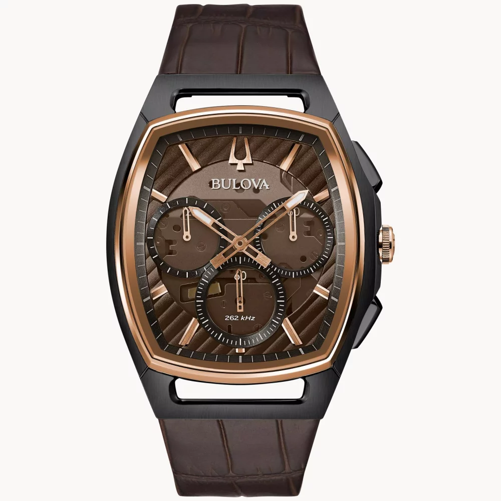 Montre Bulova® CURV Collection pour homme avec bracelet en cuir marron