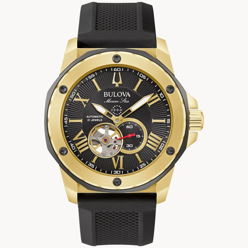 Bulova® Marine Star® Collection Men's Gold Automatic Watch w/Black Silicone Strap
