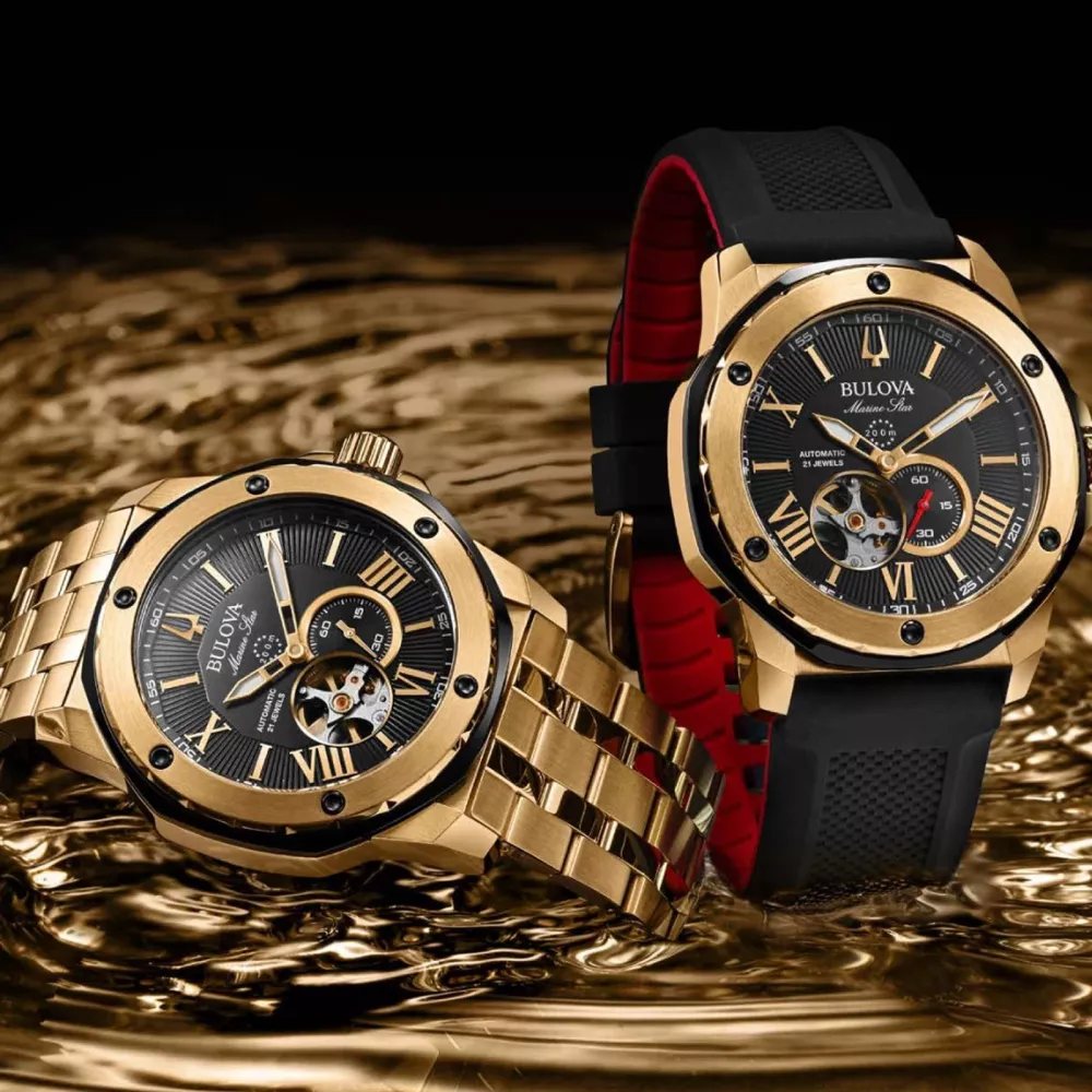 Bulova® Marine Star® Collection Men's Gold Automatic Watch w/Black Silicone Strap