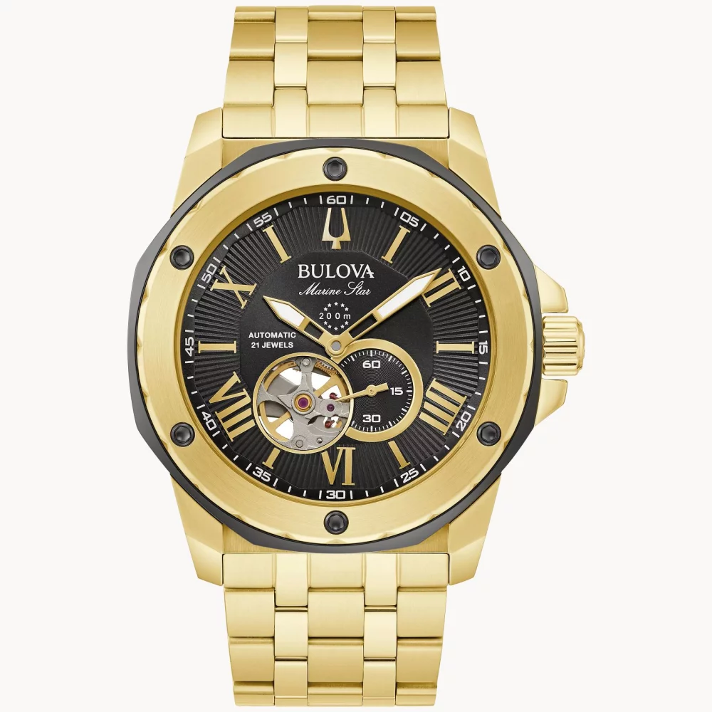 Montre automatique pour homme de la collection Bulova® Marine Star® en or avec cadran noir rond.
