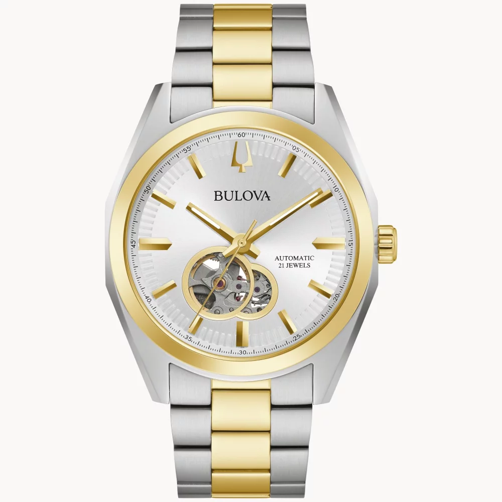 Montre automatique pour homme de la collection classique Bulova® Surveyor à deux tons avec cadran à ouverture argentée.