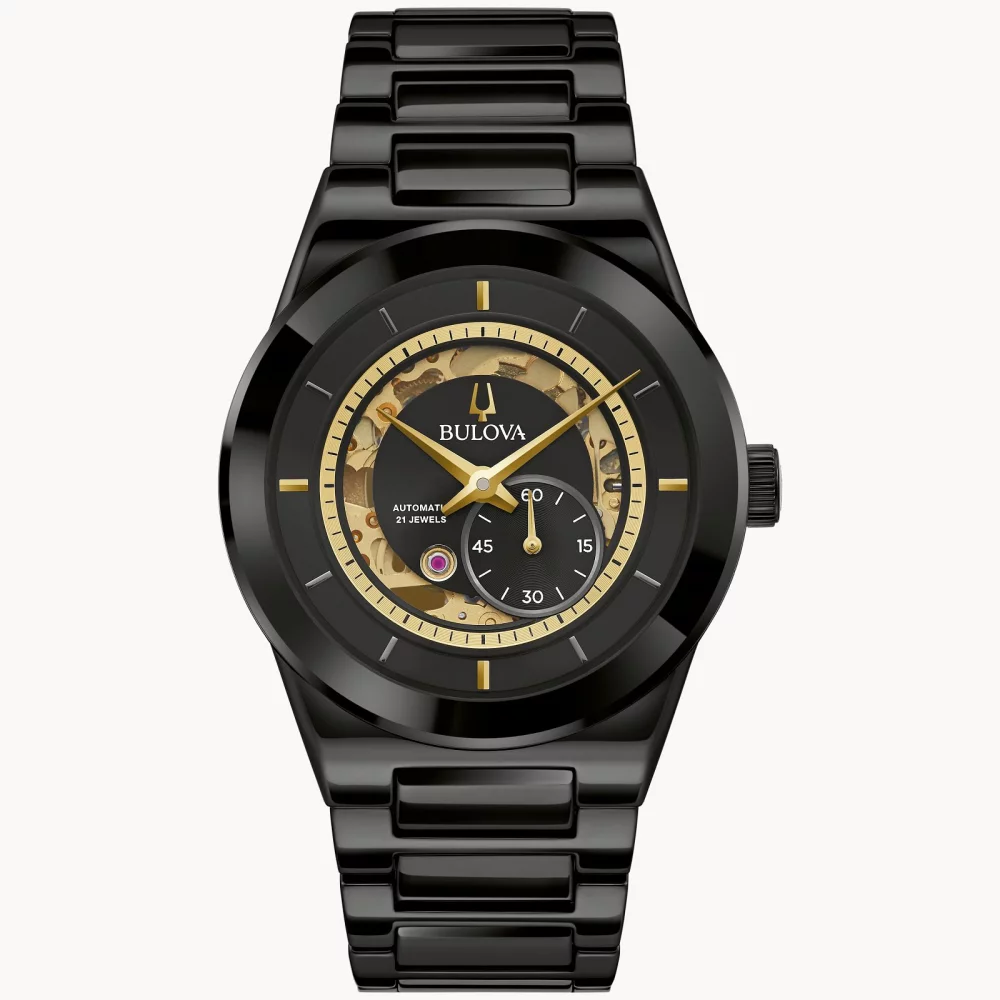 Bulova® Modern Collection Men's Black Millennia® Automatic Watch w/Gold Accenta