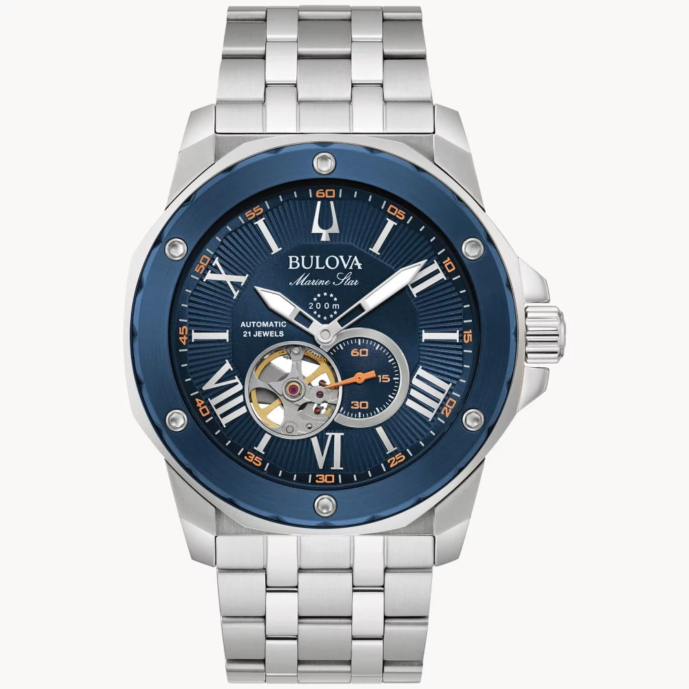 Bulova® Marine Star® Collection Men's Silver Automatic Watch w/Round Blue Dial