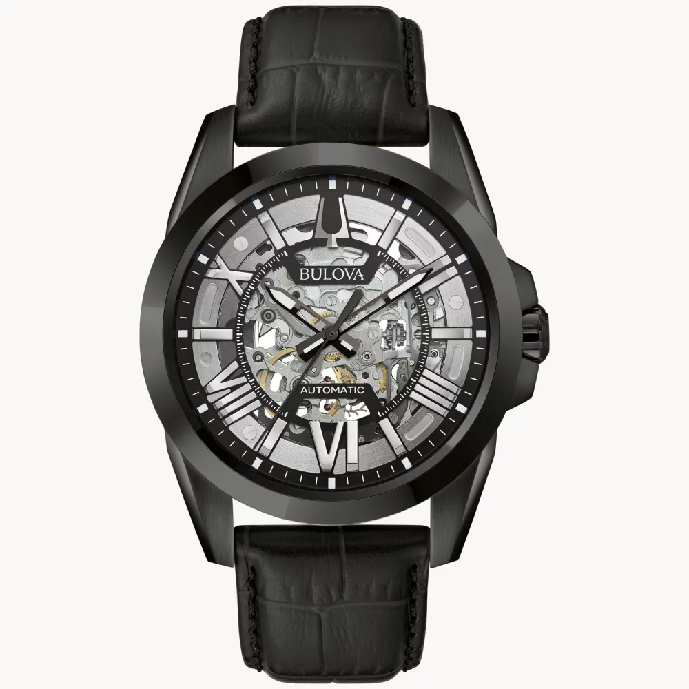 Montre automatique Bulova® Classic Collection pour homme, modèle Sutton noir avec cadran rond argenté.
