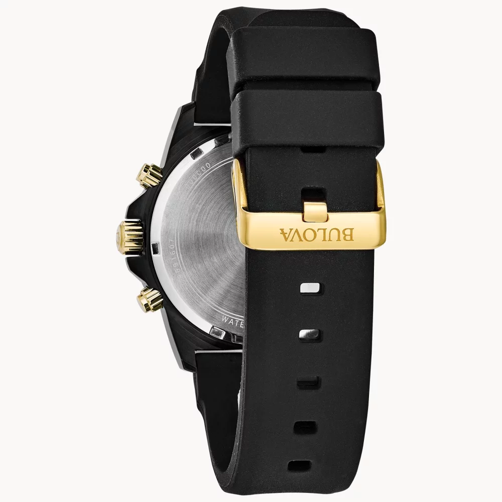 Montre chronographe noire pour homme de la collection Bulova® Marine Star® avec accents dorés.