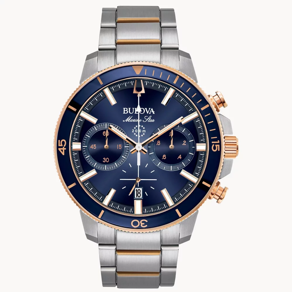 Bulova® Marine Star® Collection Men's Silver Chronograph Watch w/Round Blue Dial