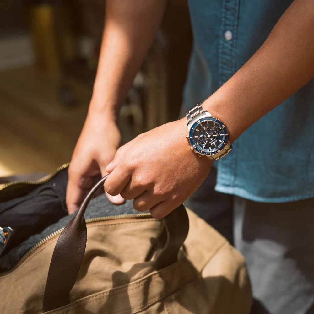 Bulova® Marine Star® Collection Men's Silver Chronograph Watch w/Round Blue Dial