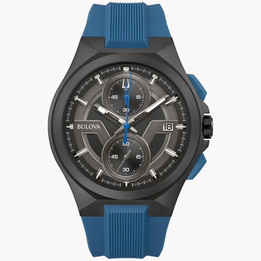 Montre chronographe noire pour homme de la collection Bulova® Maquina avec bracelet en silicone bleu.