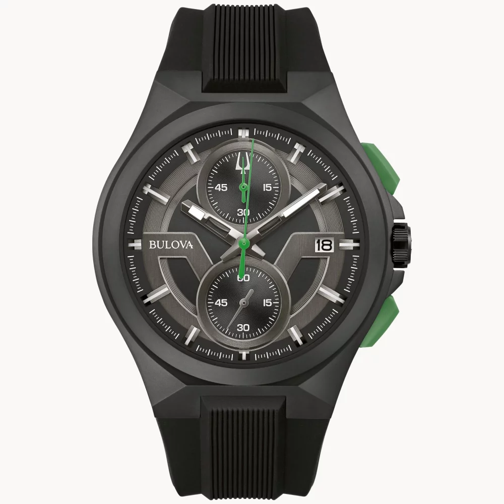 Montre chronographe noire pour homme de la collection Bulova® Maquina avec bracelet en silicone noir.