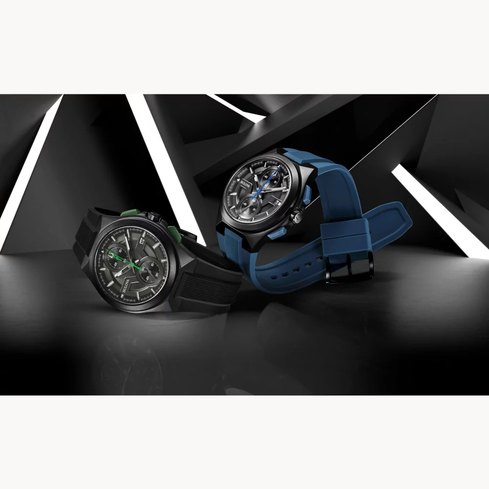 Bulova® Maquina Collection Men's Black Chronograph Watch w/Black Silicone Strap