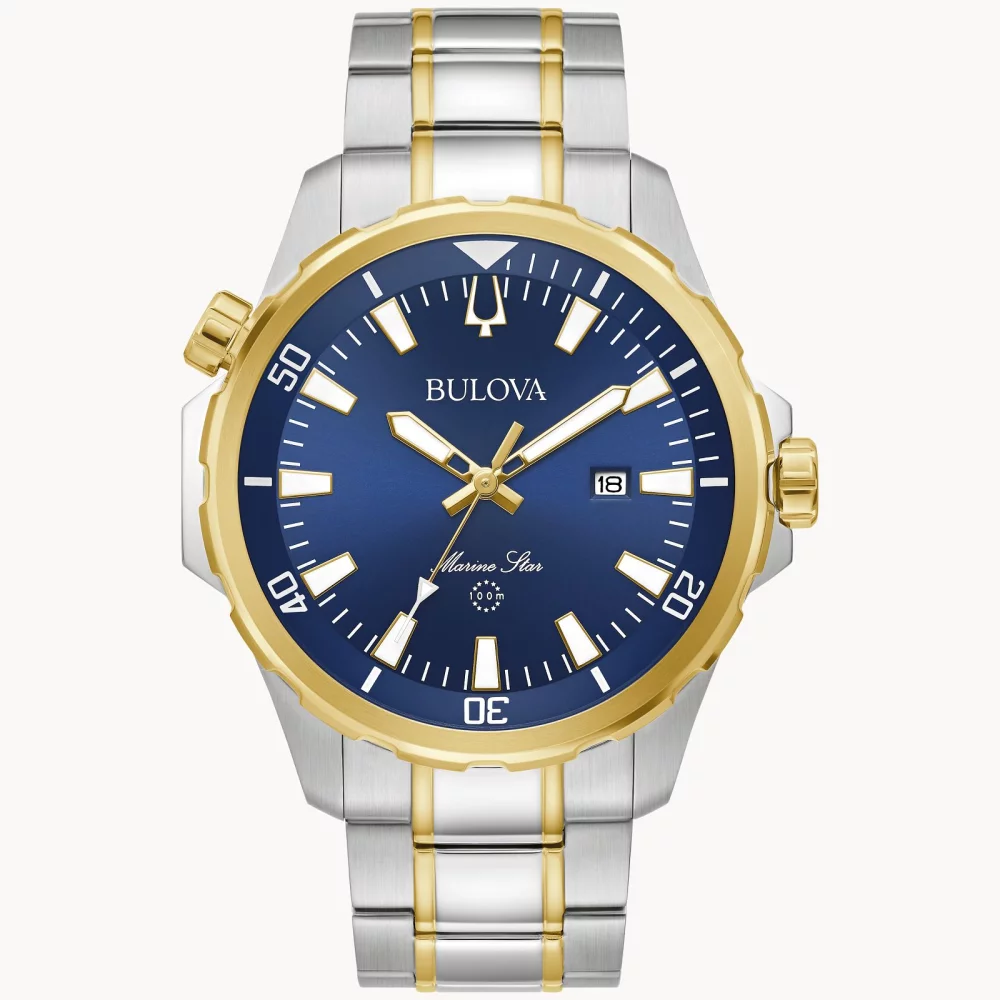 Montre pour homme de la collection Bulova® Marine Star® en deux tons avec cadran bleu soleillé rond.