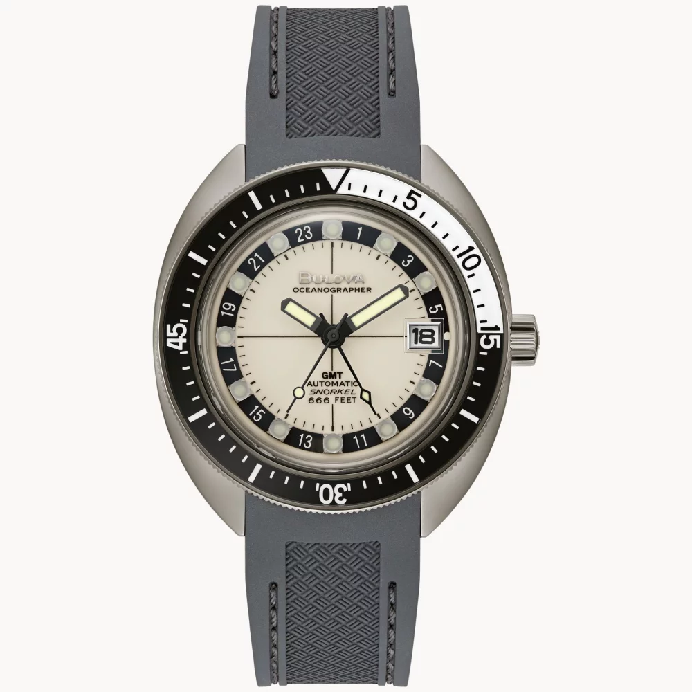 Montre automatique GMT grise pour homme de la collection Bulova® Oceanographer avec bracelet en silicone.