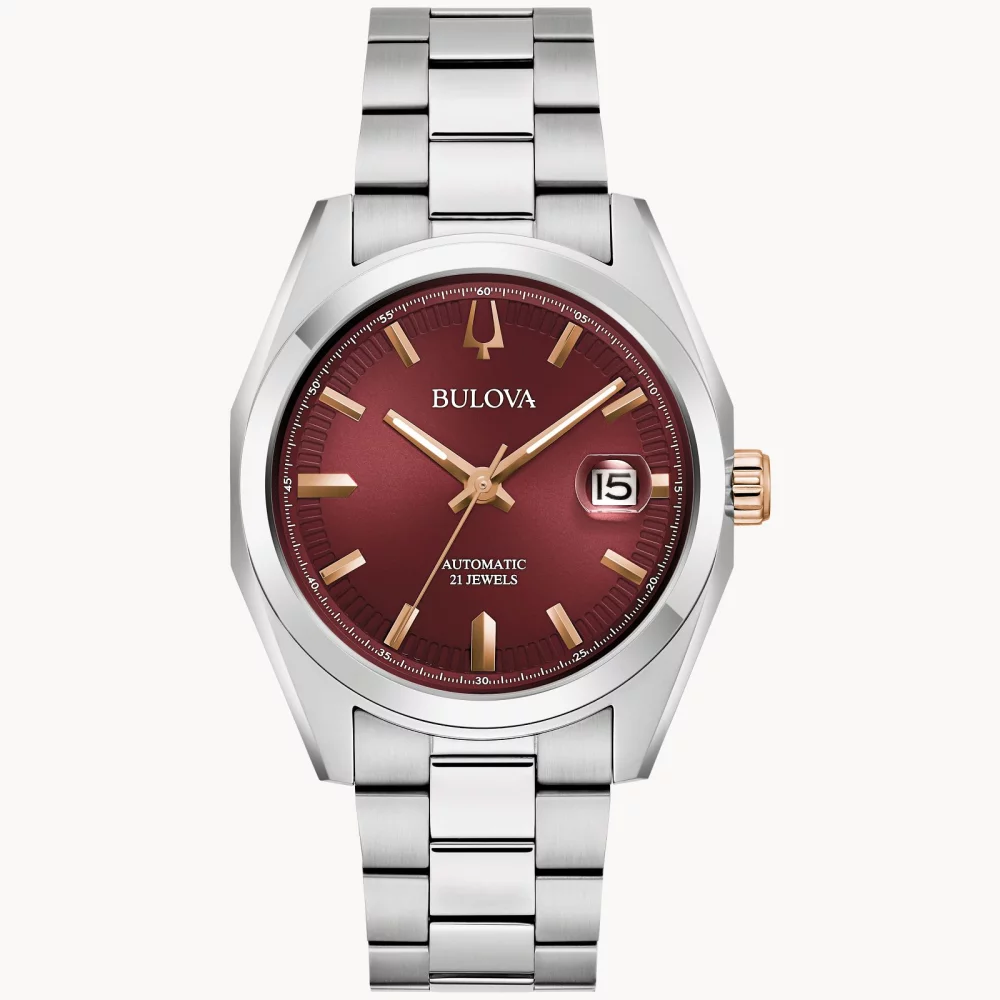 Bulova® Classic Collection Men's Silver Automatic Surveyor Watch w/Round Burgundy Red Dial