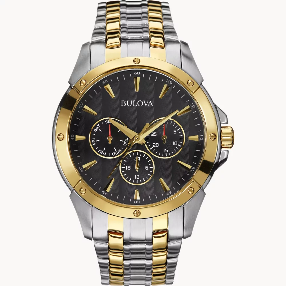 Montre pour homme de la collection classique Bulova® en deux tons avec cadran rond à motif noir.