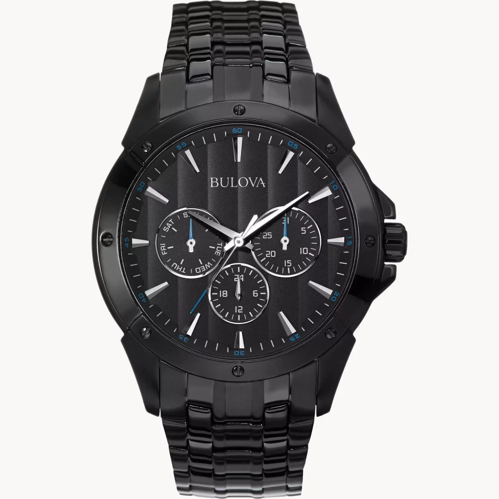 Montre noire pour homme de la collection classique Bulova® avec des accents bleus.
