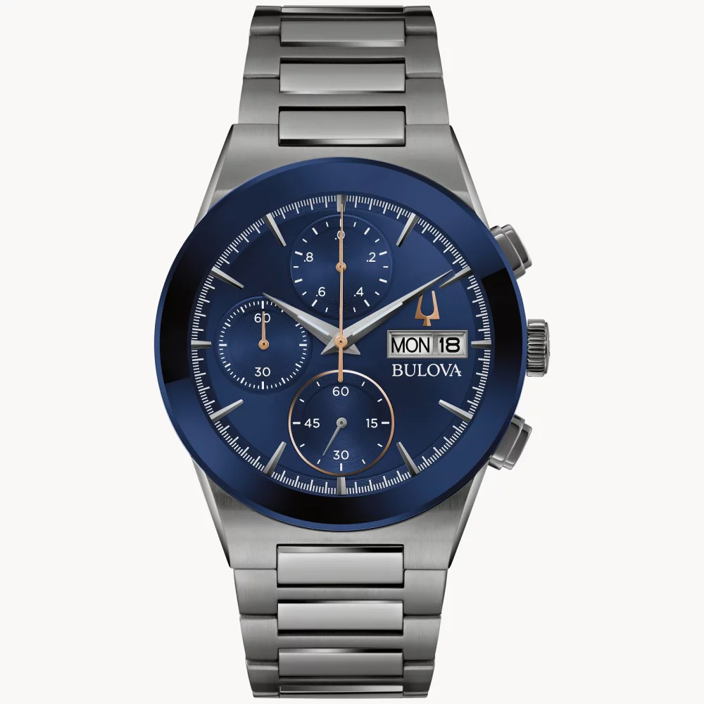 Montre chronographe Bulova® Modern Collection Millennia® pour hommes avec cadran bleu rond.