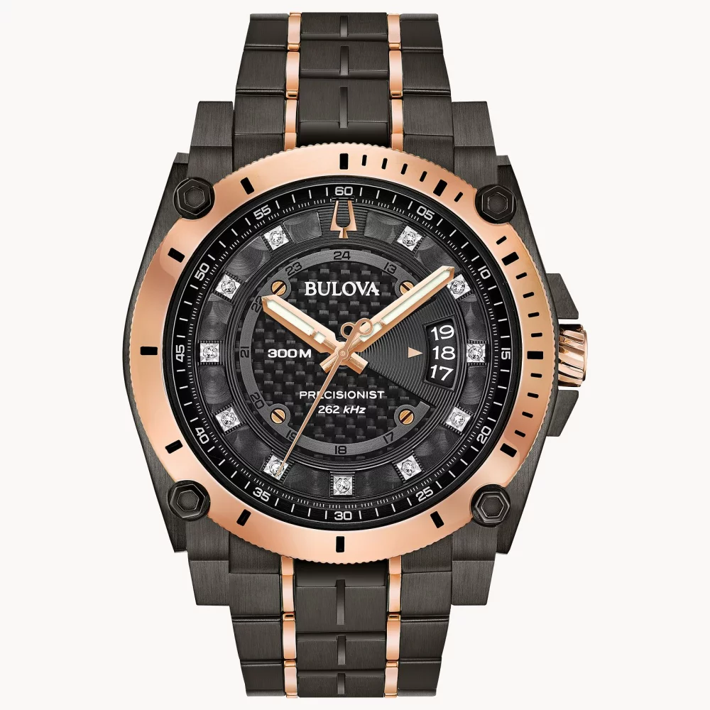 Montre Bulova® Icon Collection pour homme avec cadran noir et accents en or rose.