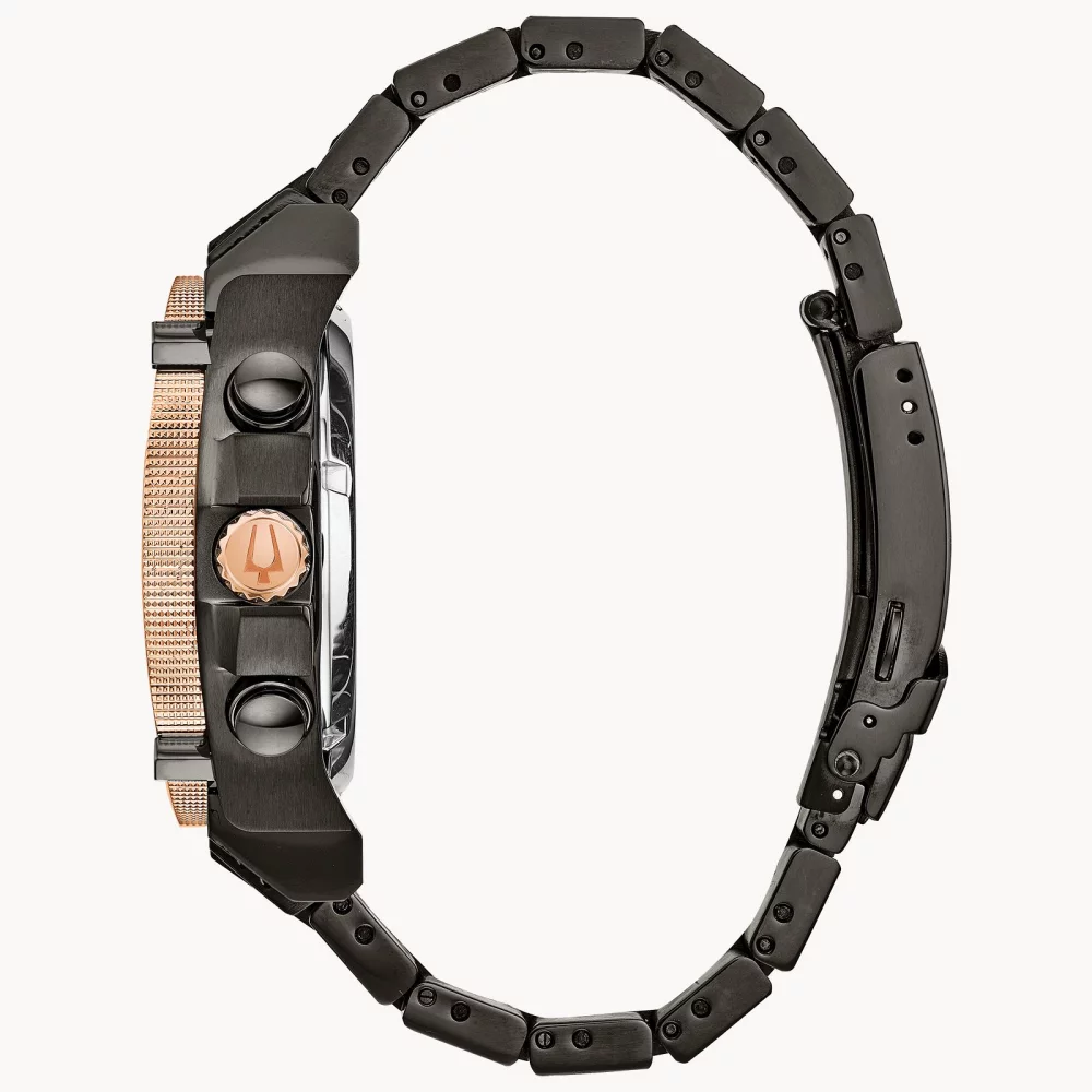 Montre Bulova® Icon Collection pour homme avec cadran noir et accents en or rose.