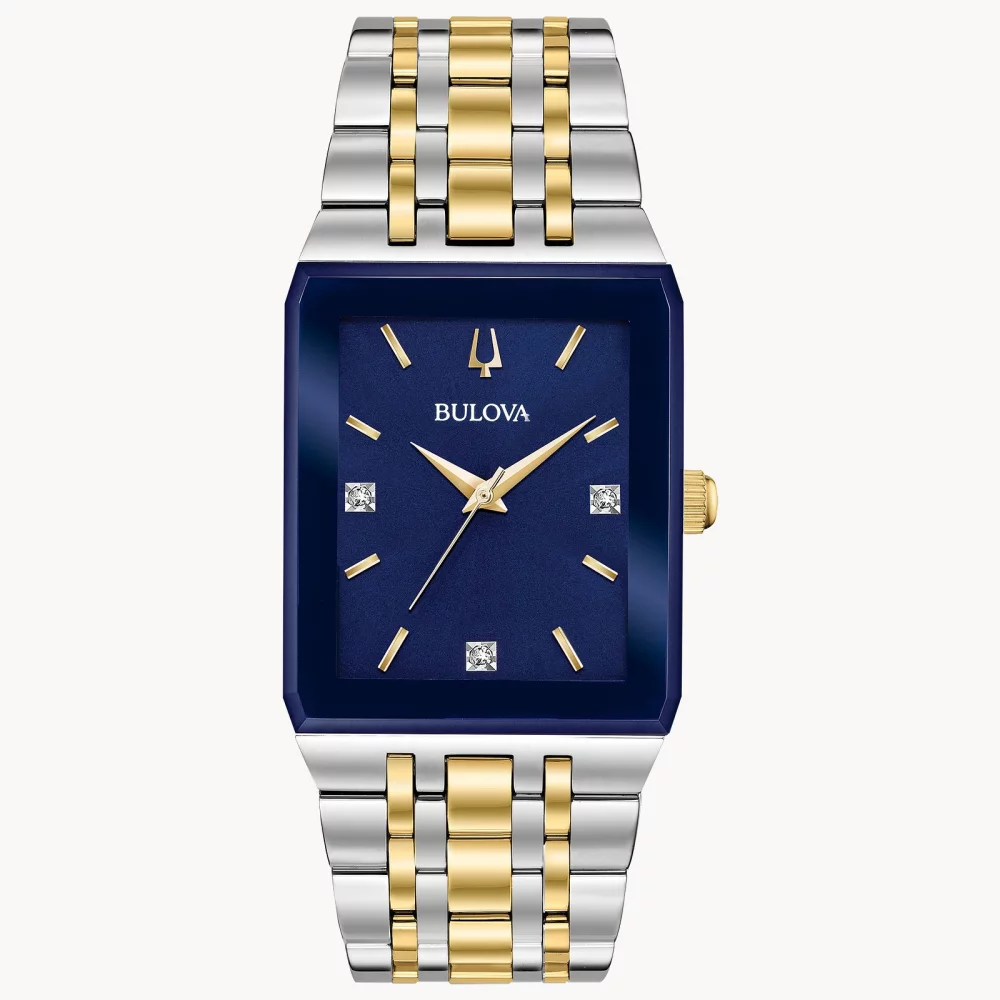 Montre Bulova® Modern Collection pour hommes avec accents dorés et cadran bleu rectangulaire.
