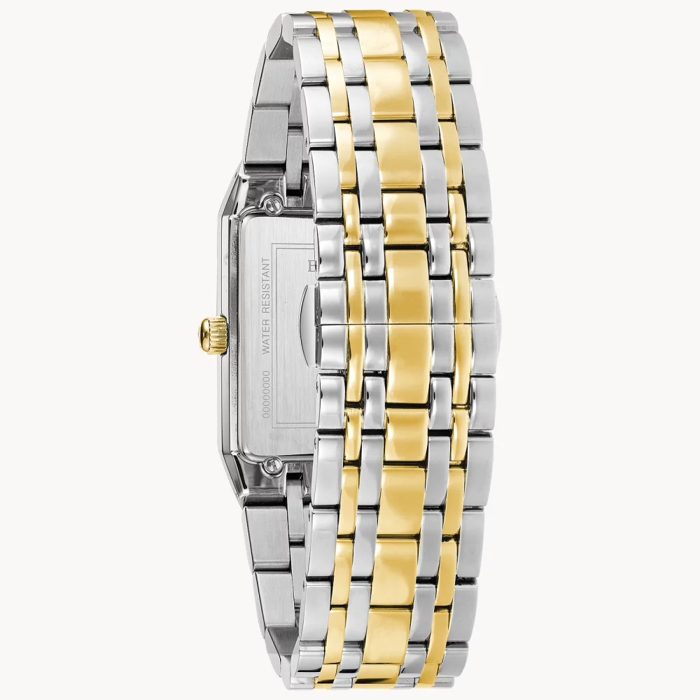 Montre Bulova® Modern Collection pour hommes avec accents dorés et cadran bleu rectangulaire.