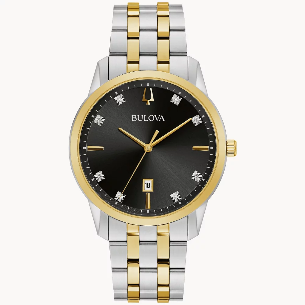 Montre Bulova® Classic Collection pour hommes, modèle Sutton en deux tons avec cadran rond noir.