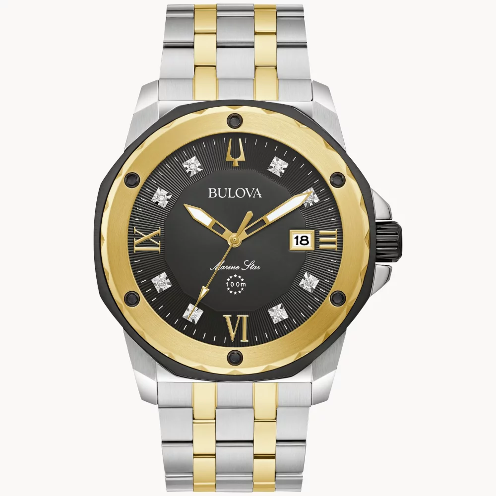 Bulova® Marine Star® Collection Men's Two Tone Watch w/Round Black Sunray Dial