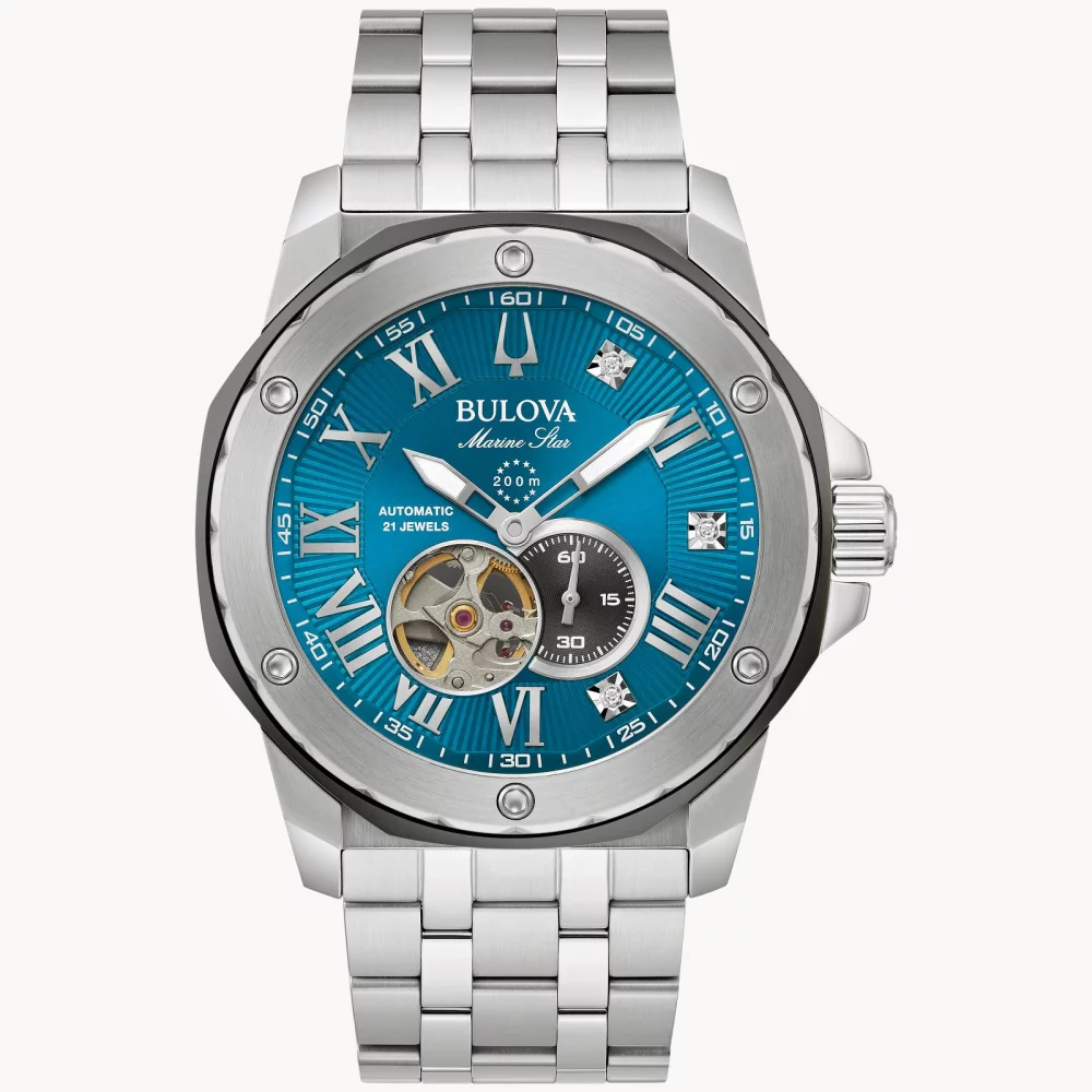 Bulova® Marc Anthony Collection Men's Silver Automatic Marine Star® Watch w/Round Blue Dial