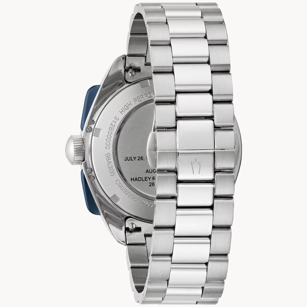 Montre chronographe Bulova® Archive Series pour homme, pilote lunaire en argent avec bracelet en cuir bleu.
