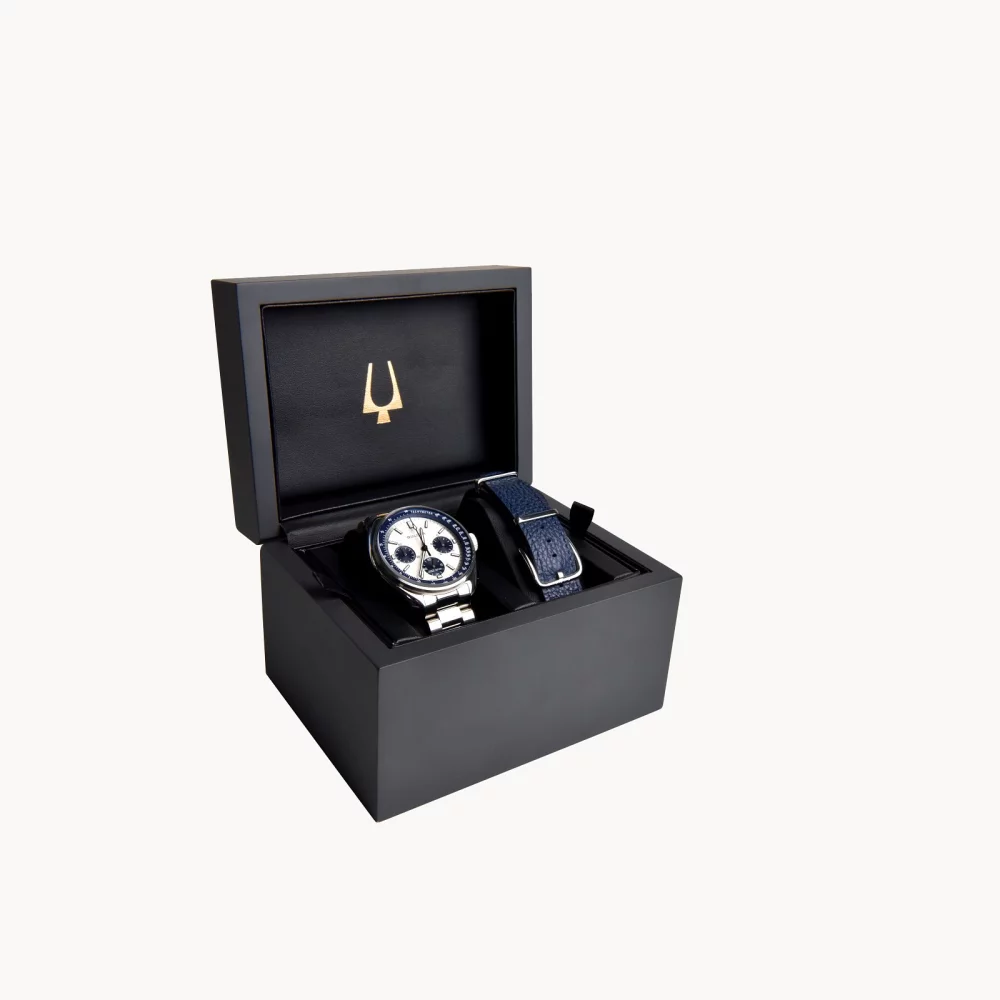 Bulova® Archive Series Men's Silver Lunar Pilot Chronograph Watch w/Blue Leather Strap