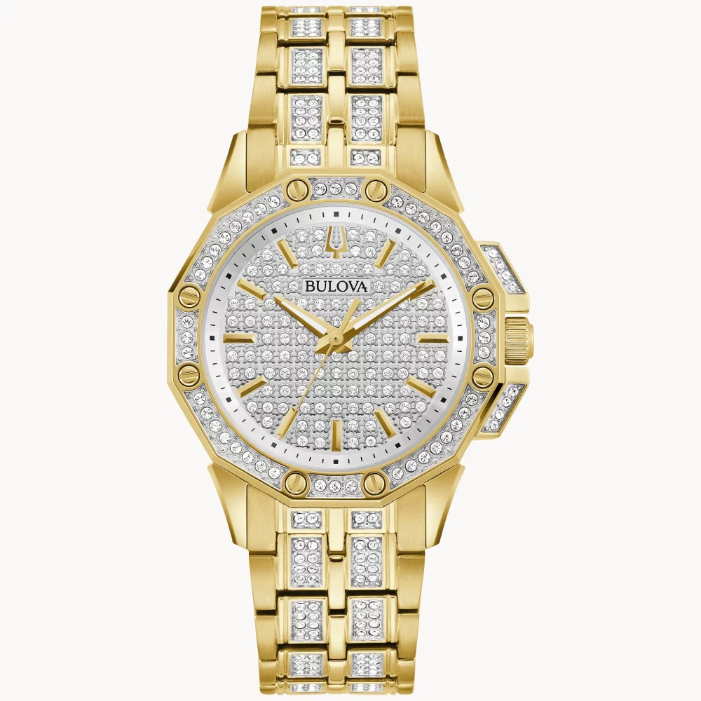 Montre Bulova® Crystal Collection pour femmes, modèle Octava en or avec cadran rond en cristal.